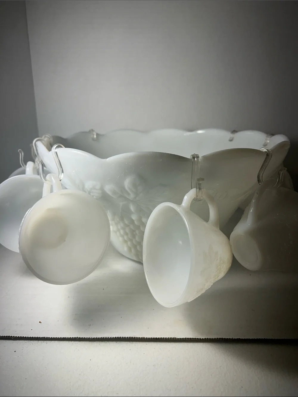 White Milk Glass Punch Bowl Set with Cups set of 12